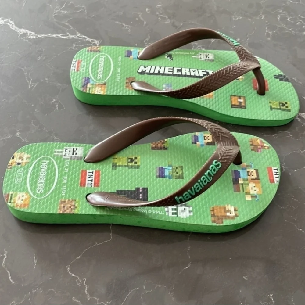 Havaianas Green Minecraft Sandals Flip Flops Size 3-4Y Summer Gamer Rare Shoe